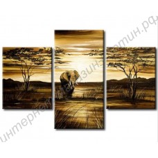Модульная картина из 3 секций: африканский слон, выполненная маслом на холсте